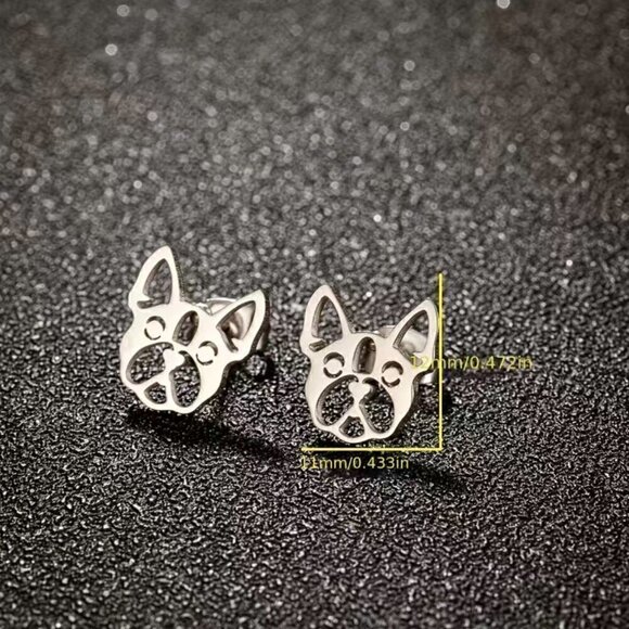 Frenchie Pup Face Stainless Steel Stud Earrings #1199 - Picture 7 of 8